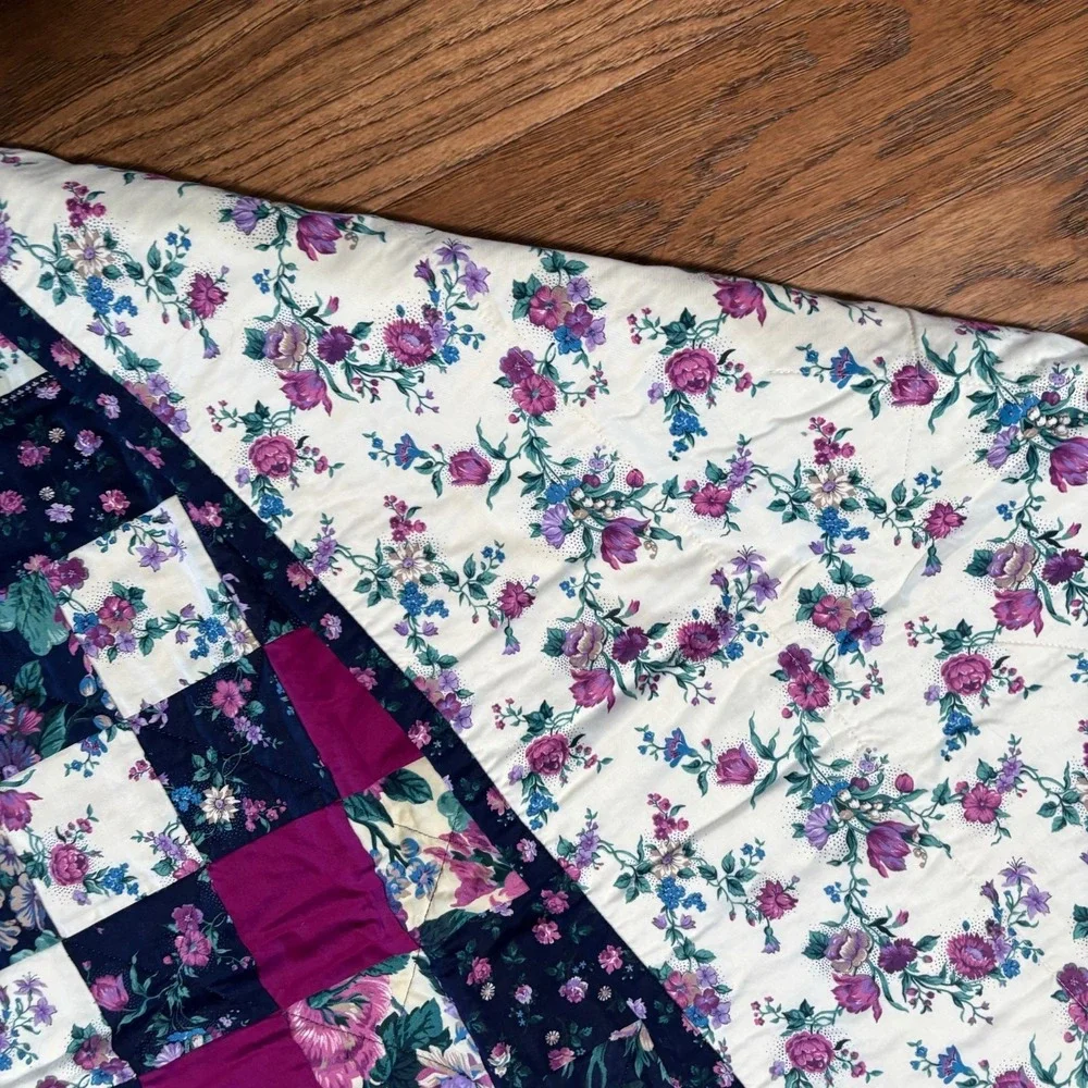 Handmade Floral Quilt Navy Blue Purple Dark Floral 68